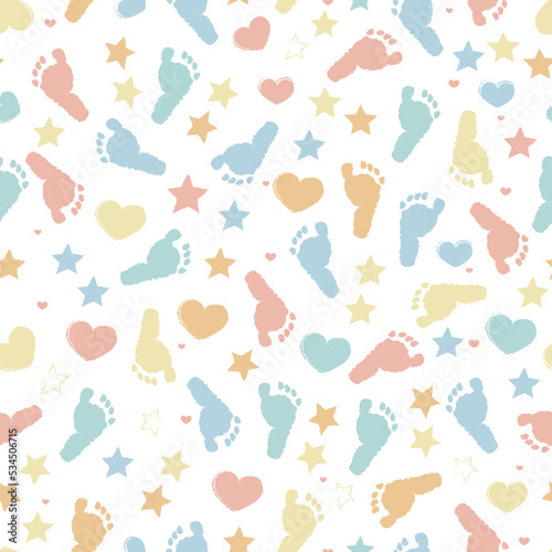 Baby foot print, stars and heart baby shower seamless fabric design pattern
