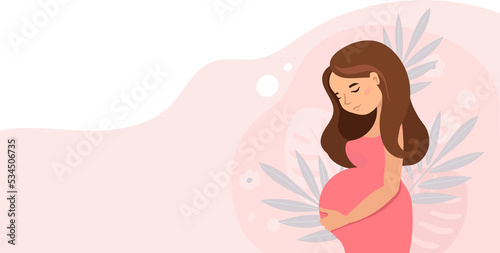 pregnant cute woman holding her belly . Pregnancy illustration in cartoon style.
