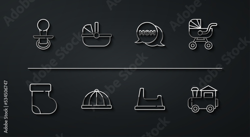 Set line Baby dummy pacifier, socks clothes, stroller, potty, hat, Toy train and Speech bubble mom icon. Vector
