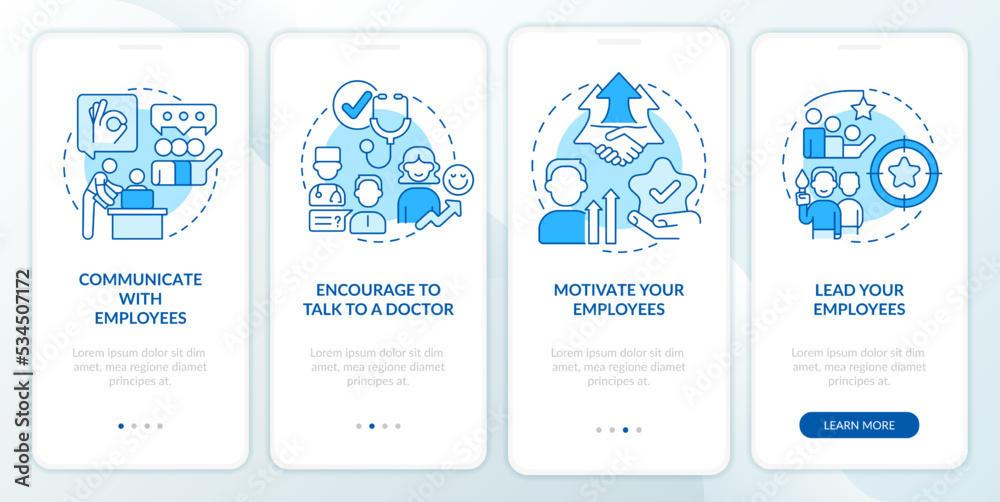Leaders takeaways blue onboarding mobile app screen. Workers wellness walkthrough 4 steps editable graphic instructions with linear concepts. UI, UX, GUI template. Myriad Pro-Bold, Regular fonts used Leaders takeaways blue onboarding mobile app screen. Workers wellness walkthrough 4 steps editable graphic instructions with linear concepts. UI, UX, GUI template. Myriad Pro-Bold, Regular fonts used