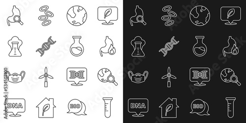 Set line Test tube and flask, Magnifying glass with globe, Stomach heartburn, Earth, DNA symbol, Chemical explosion, magnifying and icon. Vector