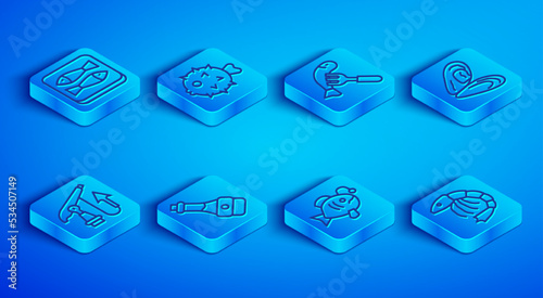 Set line Canned fish, Fish hedgehog, Served on plate, Soy sauce bottle, Tropical, Mussel, Fishing harpoon and Shrimp icon. Vector