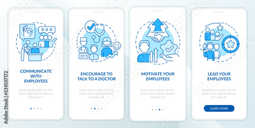 Leaders takeaways blue onboarding mobile app screen. Workers wellness walkthrough 4 steps editable graphic instructions with linear concepts. UI, UX, GUI template. Myriad Pro-Bold, Regular fonts used