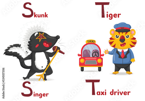 Foto Latin alphabet ABC animal professions starting with letter with s skunk singer and letter t tiger taxi driver  in cartoon style