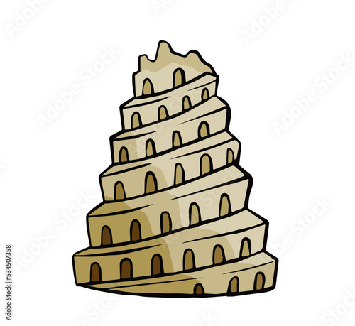 Tower of Babel. Ancient city Babylon of Mesopotamia and Iraq. Biblical story. Sumerian civilization. History and archaeology. Hand drawn sketch