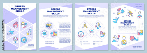 Stress management skills purple brochure template. Healthcare. Leaflet design with linear icons. Editable 4 vector layouts for presentation, annual reports. Arial-Black, Myriad Pro-Regular fonts used