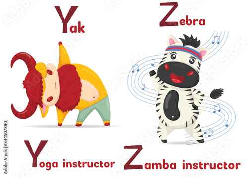 Latin alphabet ABC animal professions starting with letter  y yak yoga instructor and letter z zebra zamba instructor in cartoon style.