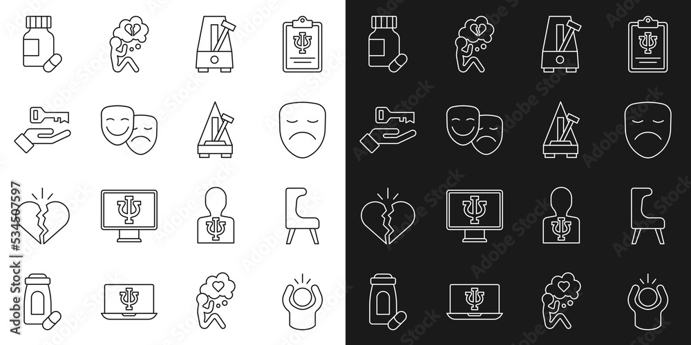 Set line Anger, Armchair, Drama theatrical mask, Metronome with pendulum, Comedy and tragedy masks, Solution to problem, Sedative pills and icon. Vector