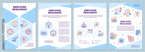 Workers resilience blue brochure template. Employee wellbeing. Leaflet design with linear icons. Editable 4 vector layouts for presentation, annual reports. Arial-Black, Myriad Pro-Regular fonts used