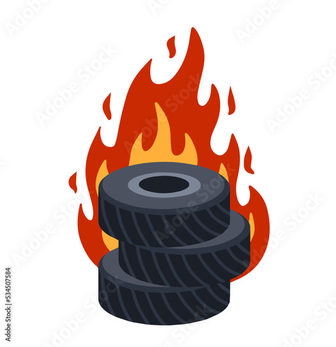 Burning tire. The old wheel. The problem of urban garbage and ecology