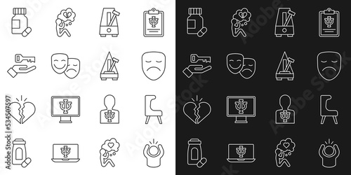 Set line Anger, Armchair, Drama theatrical mask, Metronome with pendulum, Comedy and tragedy masks, Solution to problem, Sedative pills and icon. Vector