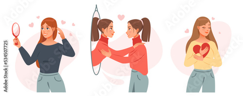 Self love concept. The girl admires her reflection in the mirror. The girl embraces the heart. Mental health. Cartoon vector illustration