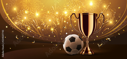 Champion cup and soccer ball with fireworks. Vector