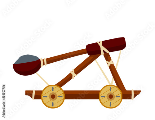 Catapult. Ancient weapons for the siege of the fortress. Wooden medieval artillery ballista.