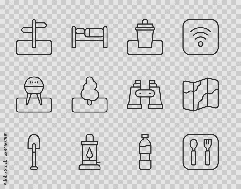 Set line Shovel, Fork and spoon, Trash can, Camping lantern, Road traffic sign, Tree, Bottle of water and hiking map icon. Vector Set line Shovel, Fork and spoon, Trash can, Camping lantern, Road traffic sign, Tree, Bottle of water and hiking map icon. Vector
