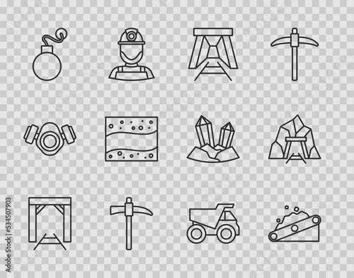 Set line Mine entrance, Conveyor belt carrying coal, Pickaxe, Bomb, Gold mine, Mining dump truck and icon. Vector