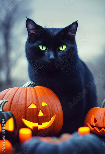 Black Cat Next To Jack o Lantern Halloween Pumpkins © til5
