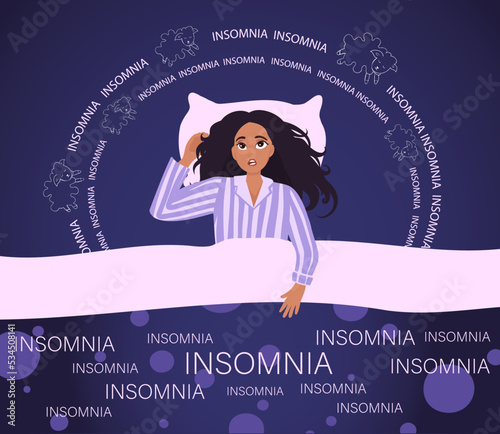 Sleepy woman in bed suffers from insomnia. Vector illustration of tired, exhausted girl insomnia trying fall asleep with open eyes in night bedroom. Cartoon style.