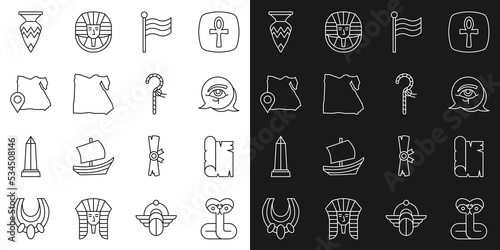 Set line Snake, Papyrus scroll, Eye of Horus, Flag Of Egypt, Map, Egyptian vase and Crook icon. Vector
