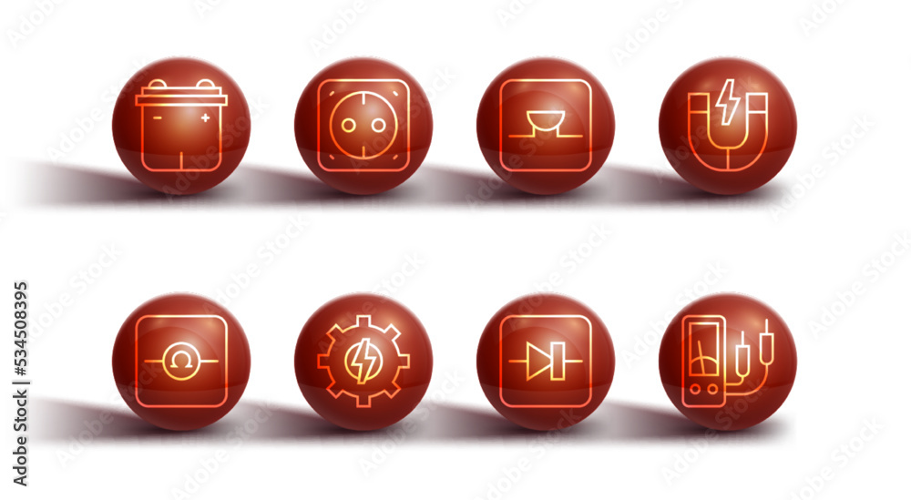 Set line Car battery, Ohmmeter, Magnet, Diode in electronic circuit, Gear and lightning, Electrical outlet, Ampere multimeter and Buzzer icon. Vector Set line Car battery, Ohmmeter, Magnet, Diode in electronic circuit, Gear and lightning, Electrical outlet, Ampere multimeter and Buzzer icon. Vector