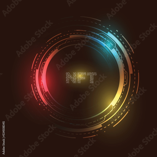 NFT nonfungible token wallpaper concept with purple coin with glow light background