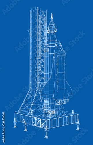 Space Rocket on launch pad. Vector rendering of 3d