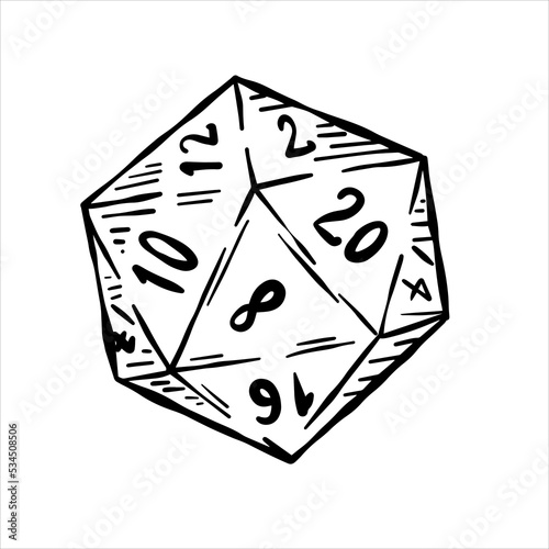 20 sided dice with numbers. Cartoon dice for fantasy dnd and rpg Board game.