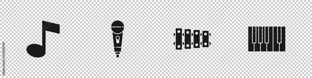 Set Music note, tone, Microphone, Xylophone and Grand piano icon. Vector Set Music note, tone, Microphone, Xylophone and Grand piano icon. Vector