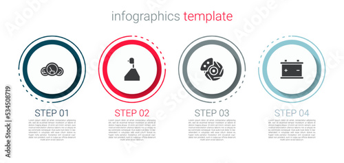 Set Speedometer, Gear shifter, Car brake disk with caliper and battery. Business infographic template. Vector