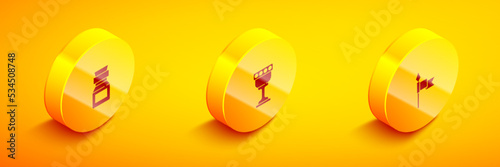 Set Isometric Poison in bottle, Medieval goblet and spear icon. Vector