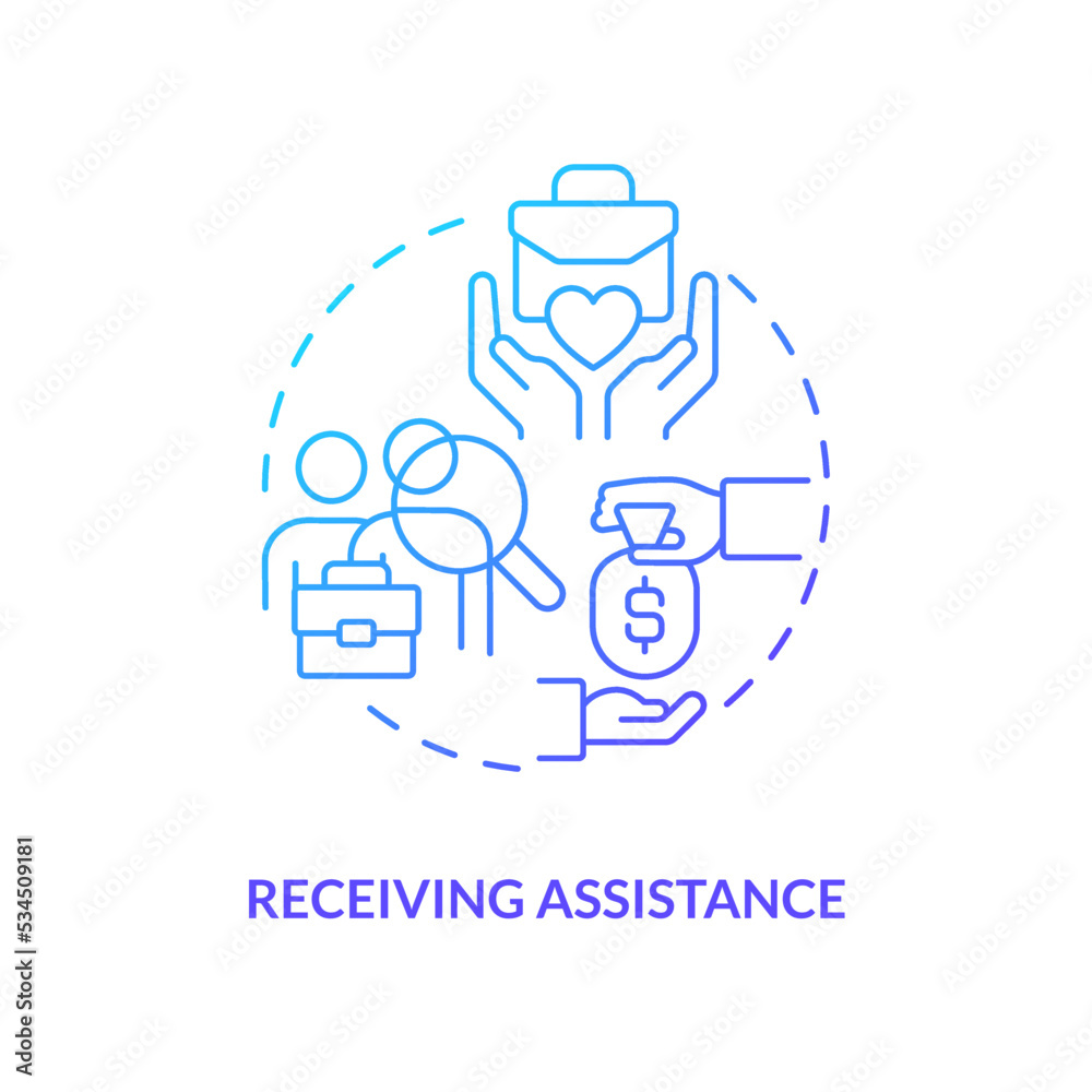 Receiving assistance blue gradient concept icon. Mentoring business. Donations. Financial help abstract idea thin line illustration. Isolated outline drawing. Myriad Pro-Bold font used