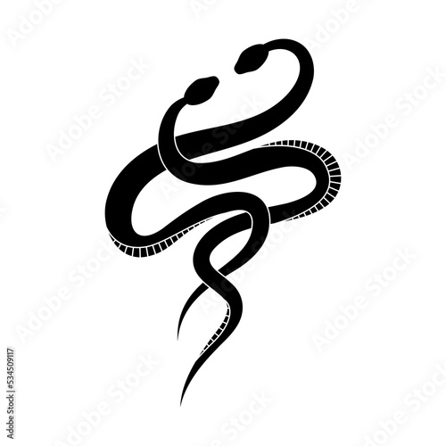 Black silhouette couple of snakes. Isolated reptile symbol, wildlife icon snake on white background. Nature vector illustration.