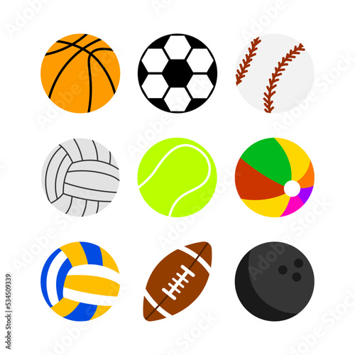 Sport ball icon set isolated on white background. Cartoon vector doodle  exercise game equipment.