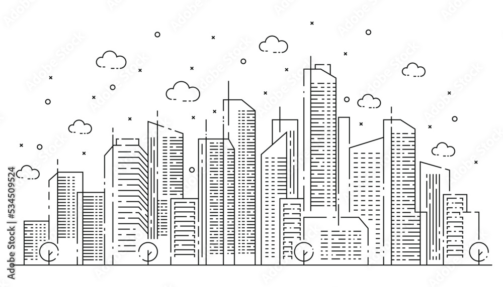 Urban illustration with tall buildings in thin line style
