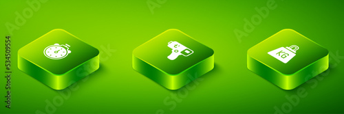 Set Isometric Digital thermometer, Weight and Stopwatch icon. Vector