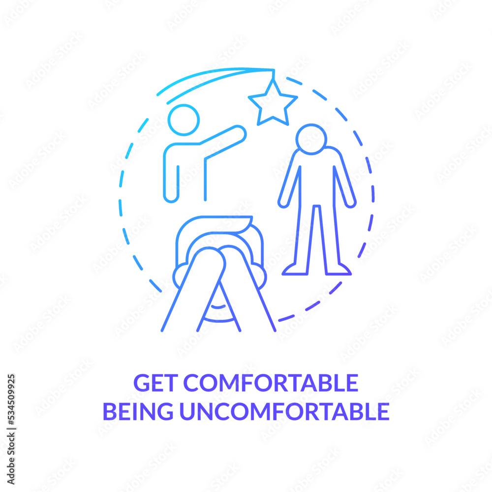 Get comfortable being uncomfortable blue gradient concept icon. Overcome shyness at networking meeting abstract idea thin line illustration. Isolated outline drawing. Myriad Pro-Bold font used Get comfortable being uncomfortable blue gradient concept icon. Overcome shyness at networking meeting abstract idea thin line illustration. Isolated outline drawing. Myriad Pro-Bold font used