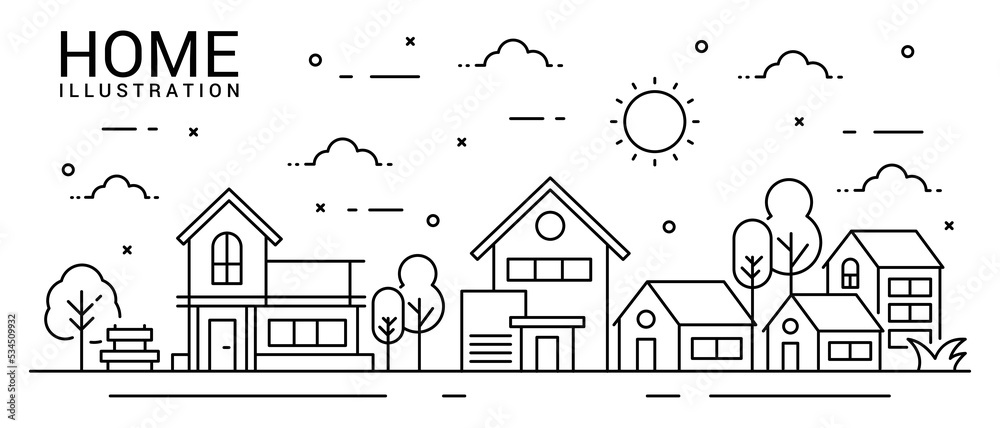 Home illustration in line style with tree