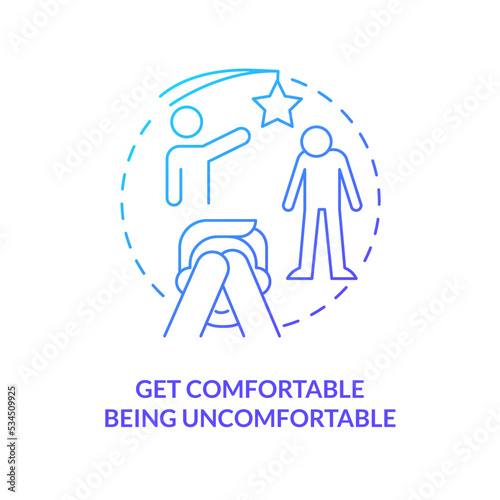 Get comfortable being uncomfortable blue gradient concept icon. Overcome shyness at networking meeting abstract idea thin line illustration. Isolated outline drawing. Myriad Pro-Bold font used