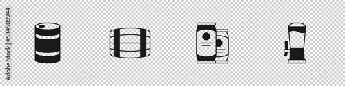 Set Metal beer keg, Wooden barrel, Beer can and tap icon. Vector