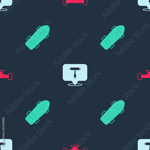 Set Skateboard wheel, T tool and on seamless pattern. Vector