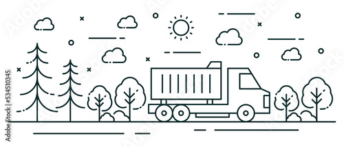 Illustration tree in line style with truck