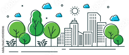 Illustration tree in line style with building