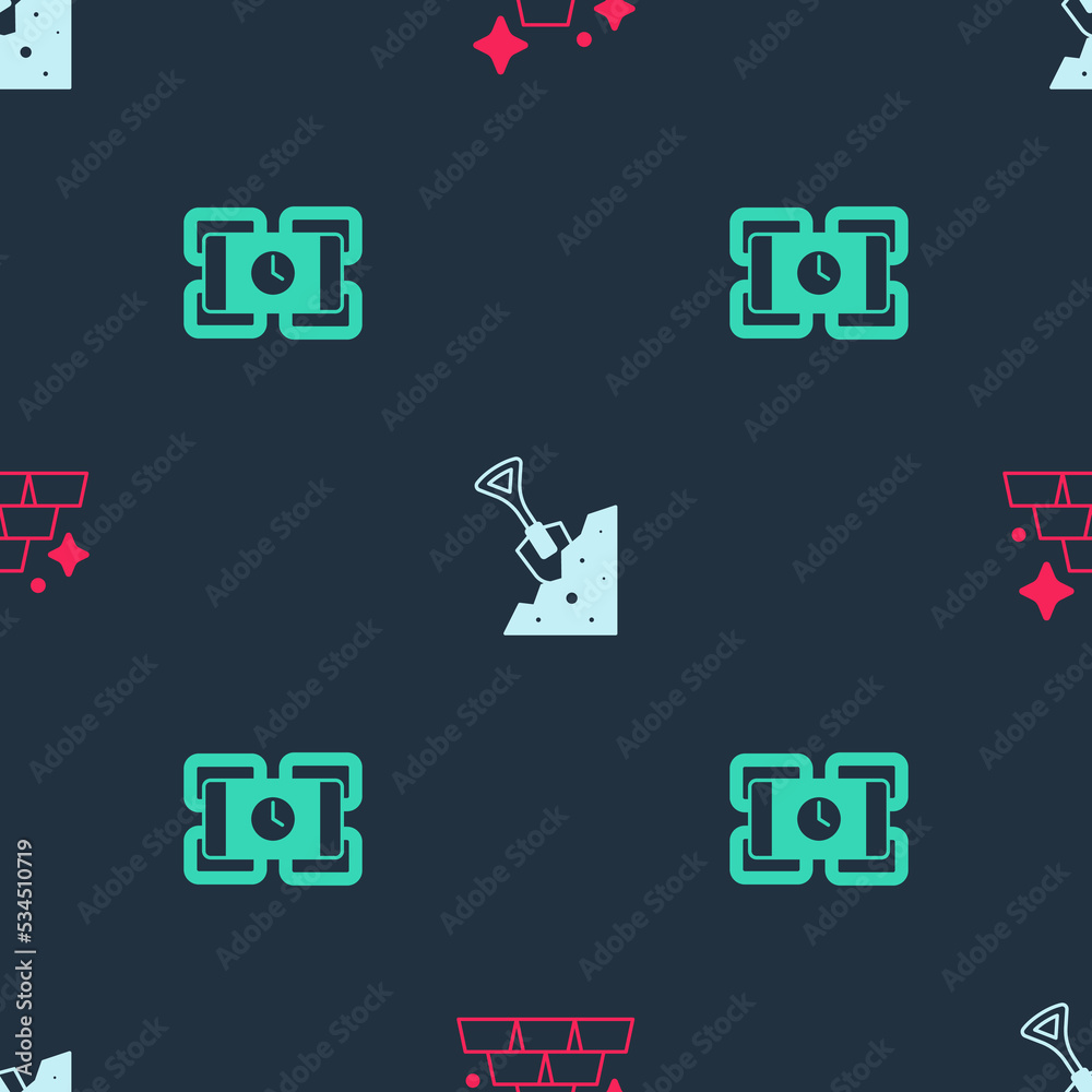 Fototapeta premium Set Gold bars, Shovel and stone and Dynamite on seamless pattern. Vector