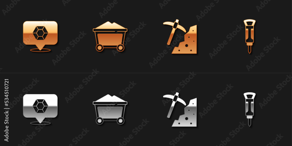 Set Gem stone, Mine coal trolley, Pickaxe and Construction jackhammer icon. Vector Set Gem stone, Mine coal trolley, Pickaxe and Construction jackhammer icon. Vector