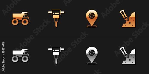 Set Mining dump truck, Construction jackhammer, Gem stone and icon. Vector