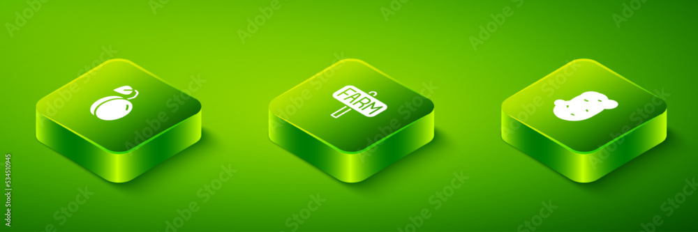Set Isometric Location farm, Potato and Plum fruit icon. Vector Set Isometric Location farm, Potato and Plum fruit icon. Vector