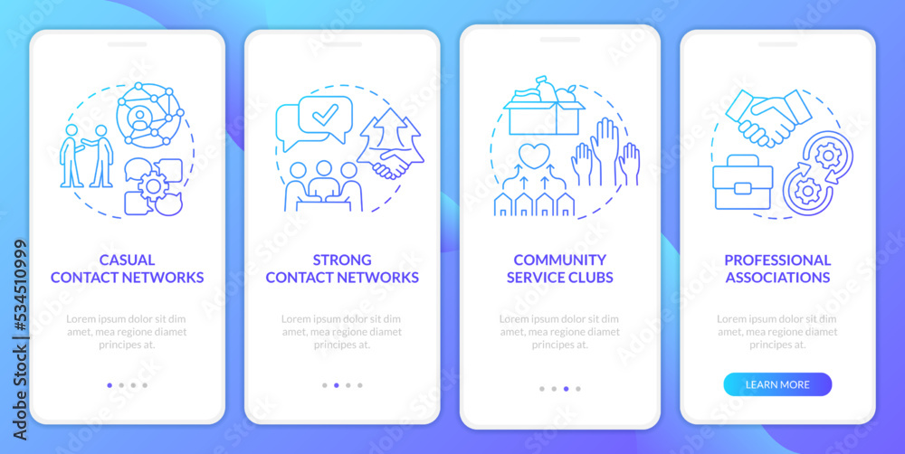 Types of business networking blue gradient onboarding mobile app screen. Walkthrough 4 steps graphic instructions with linear concepts. UI, UX, GUI template. Myriad Pro-Bold, Regular fonts used