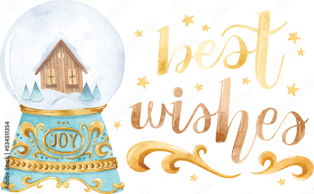 Snow globe with wooden house and lettering watercolor Christmas greeting card