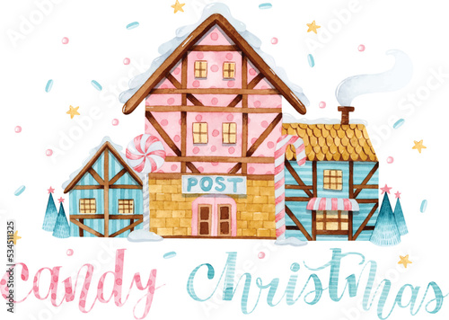 Candy house with hand drawn lettering watercolor Christmas greeting card