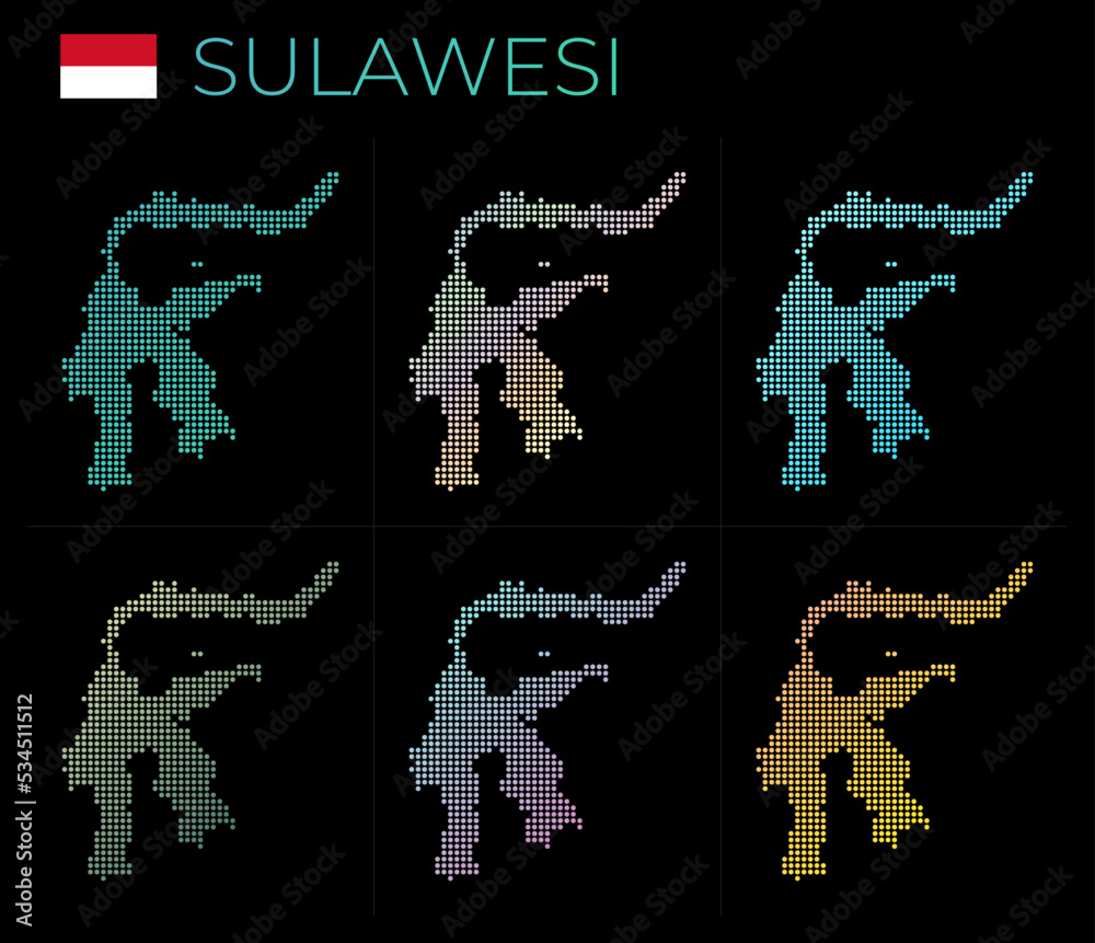 Sulawesi dotted map set. Map of Sulawesi in dotted style. Borders of the island filled with beautiful smooth gradient circles. Beautiful vector illustration.